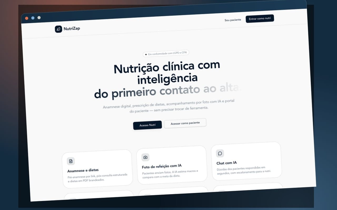 Página do NutriZap mostrando anamnese digital, foto de refeição com IA e chat