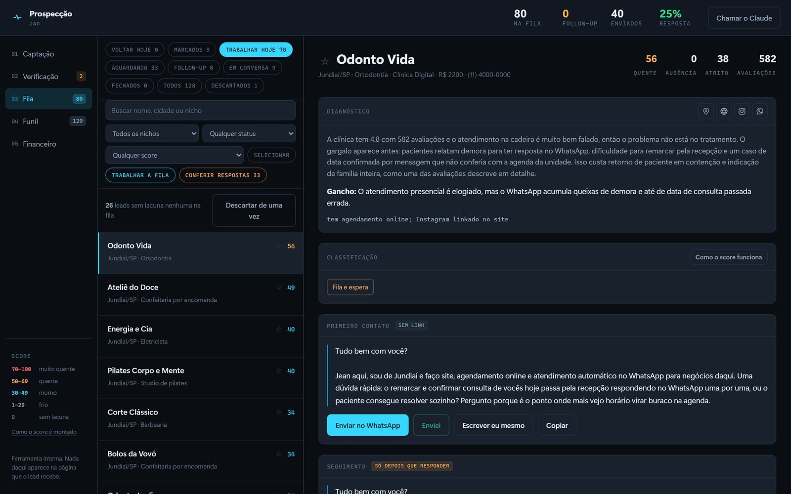 Fila de leads do motor de prospecção, com diagnóstico gerado e mensagem de abertura pronta