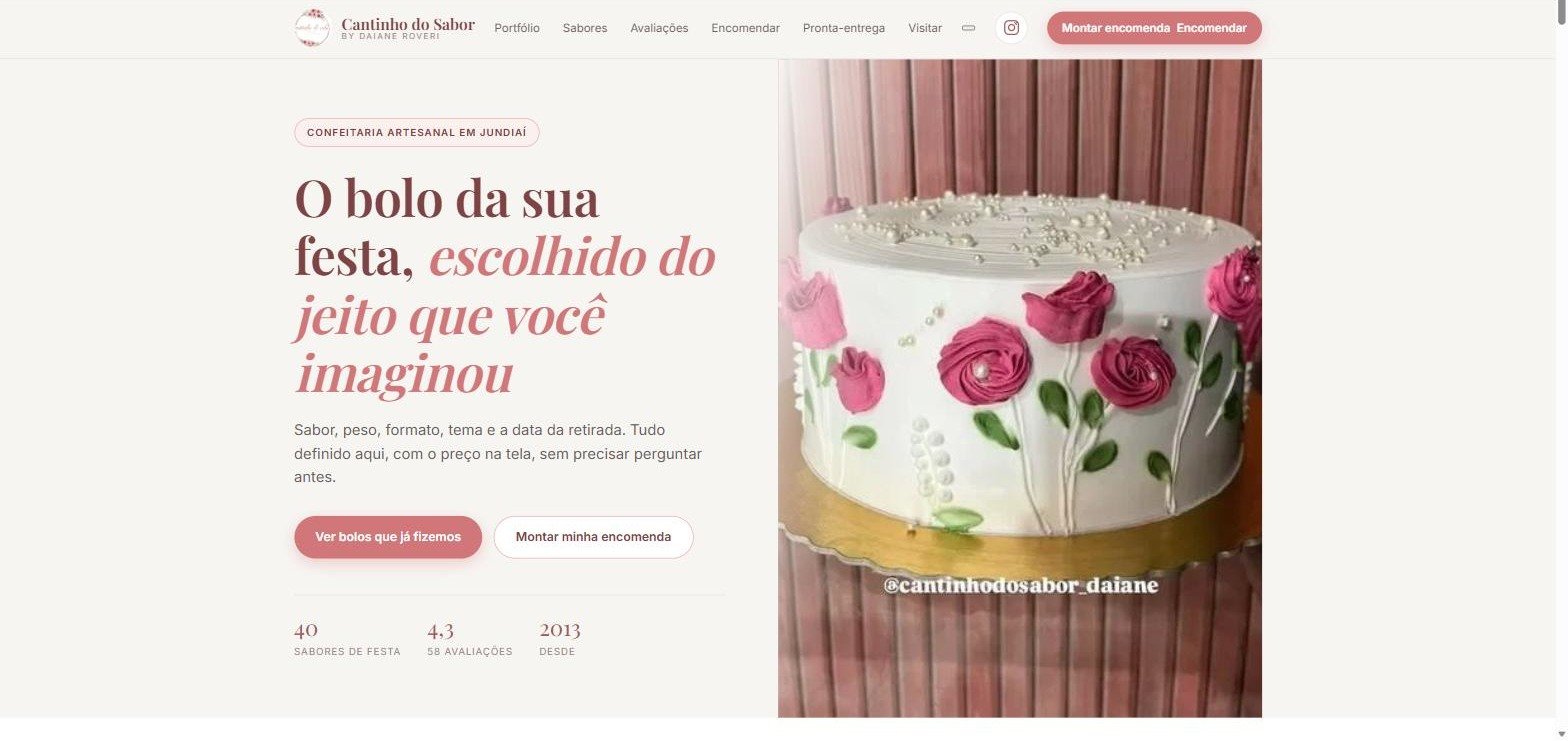 Site do restaurante Cantinho do Sabor em uma janela de navegador