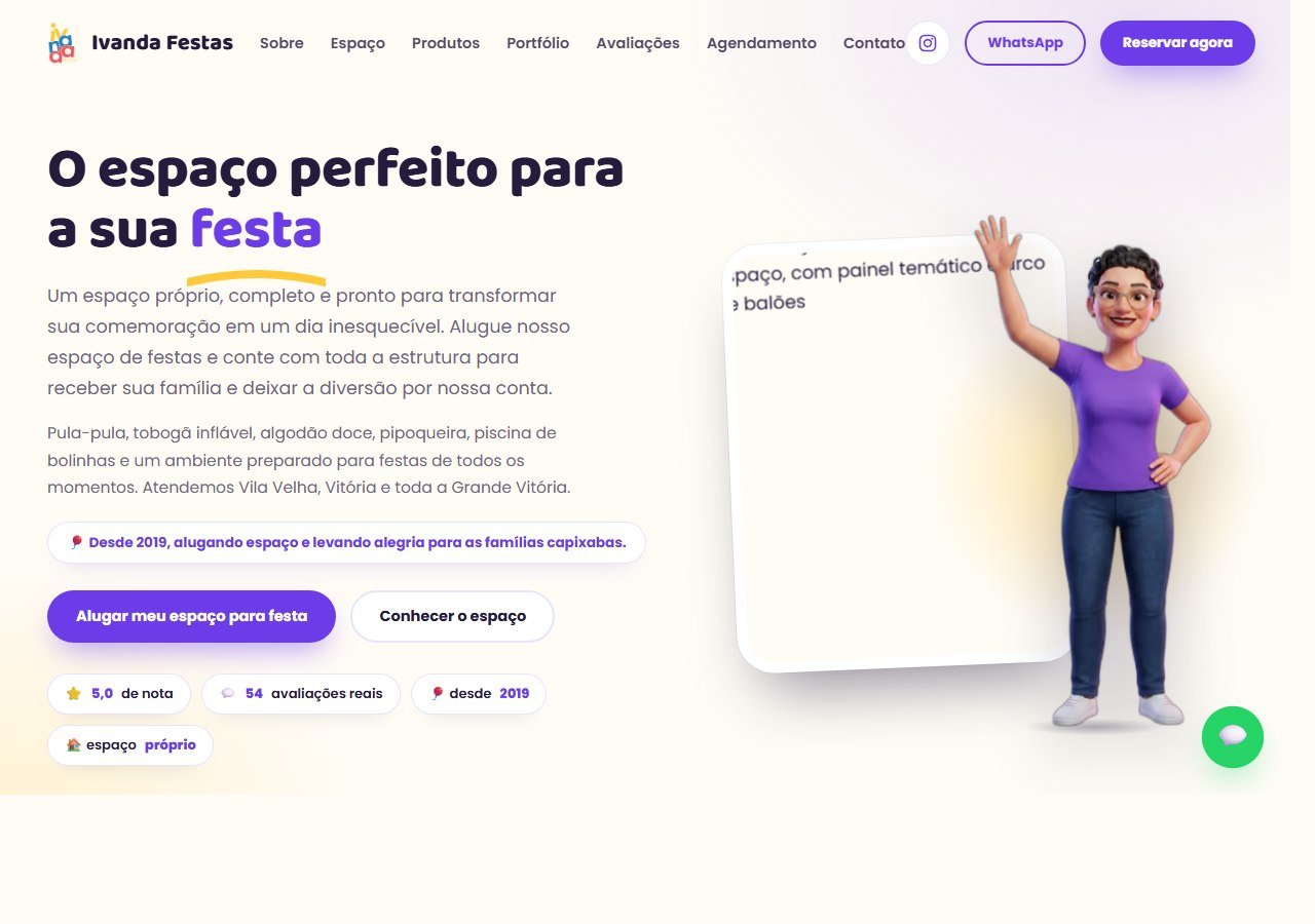 Página inicial do site da Ivanda Festas em um navegador