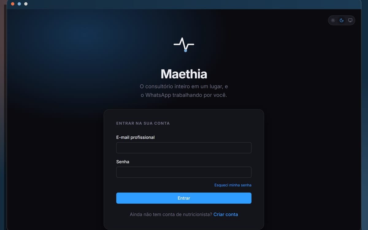 Tela de entrada da nutricionista no Maethia